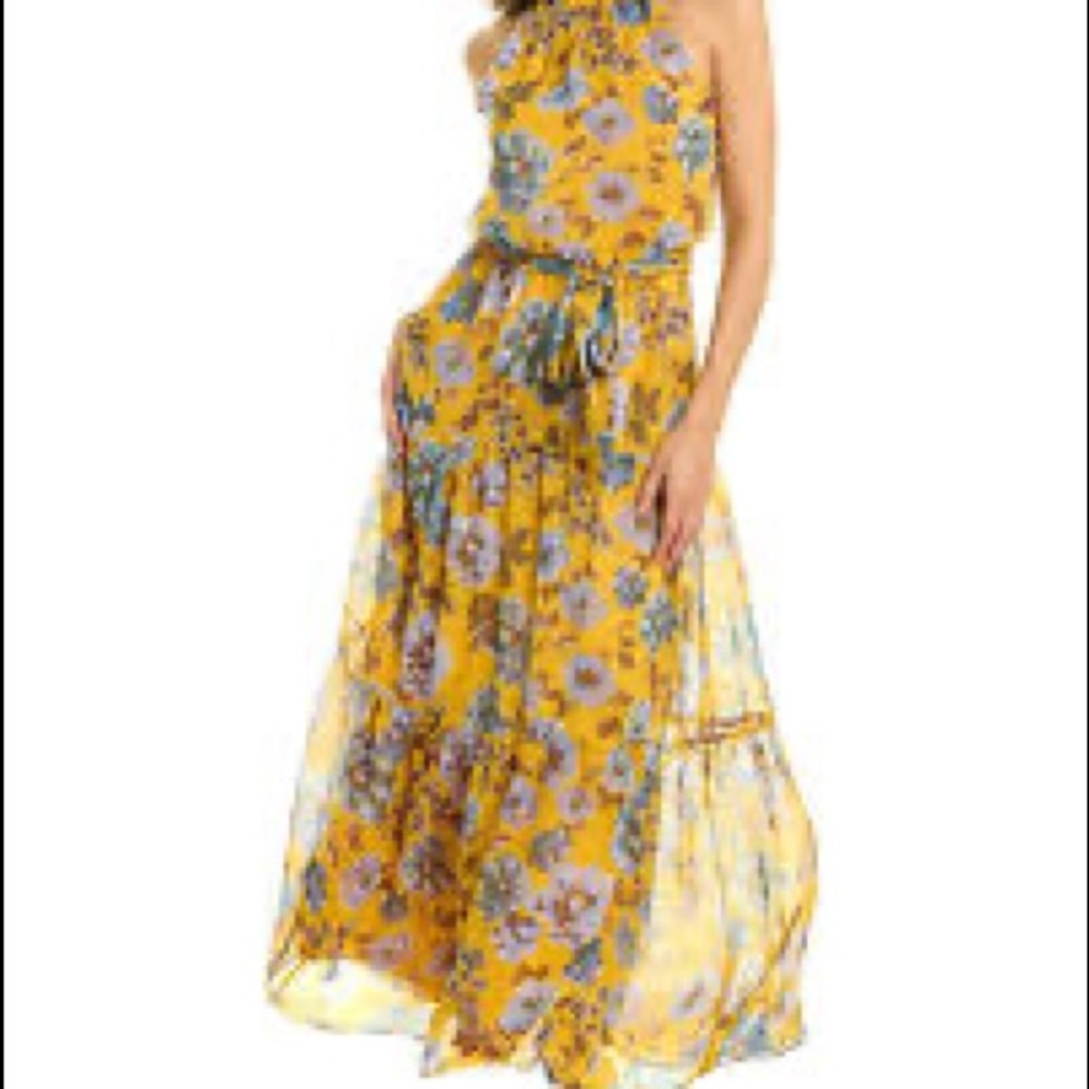 JULIA JORDAN maxi dress mustard yellow blue FLORAL tiered lined chiffon LIKE NEW - Picture 2 of 6